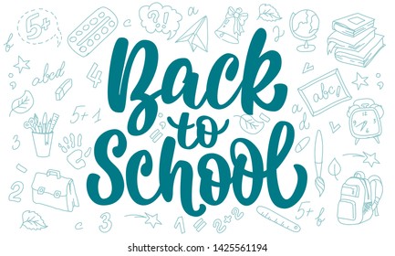 Lettering Back to school on chalk board. Punctuation and spelling advertising banner.