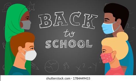 Zurück zur Schule auf Chalkboard-Hintergrund. Schüler in medizinischen Masken. Das Konzept neuer Sicherheits- und Hygienevorschriften bei einem Ausbruch des Coronavirus.