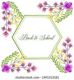 Lettering of back to school, with sketch of bright purple wreath frame. Vector