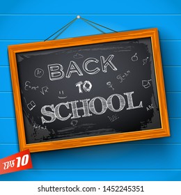 Lettering back to school and sketched educational symbols at chalkboard on textured blue background vector illustration