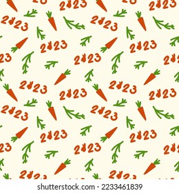Lettering background 2023 with a cute carrot and Christmas tree. Merry Christmas and Happy New Year for posters, holiday covers and textile pattern. Vector illustration