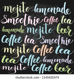 Lettering background - Mojito, coffe, tea, beer, smoothie - beverages text pattern on black background.