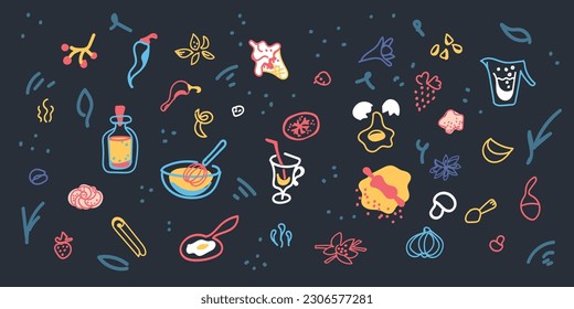 Lettering Bakers Gonna Bake - hand drawn in unique style with illustration of baked goods and products and kitchen utensils. Fun quote for poster made in flat style vector.