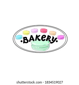 Lettering bakery logo with multicolored macaroons. Use for banners, business cards, websites, advertisements, menus, posters. Vector.