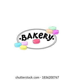 Lettering bakery logo with multicolored macaroons. Use for banners, business cards, websites, advertisements, menus, posters. Vector.