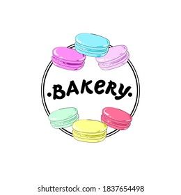 Lettering bakery logo with multicolored macaroons. Use for banners, business cards, websites, advertisements, menus, posters. Vector.