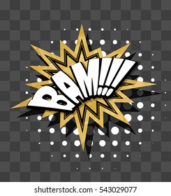 Lettering Bam. Gold sparkle comic text sound effects. Vector glitter bubble icon speech phrase, cartoon exclusive font label tag expression, sounds illustration. Comics book balloon.