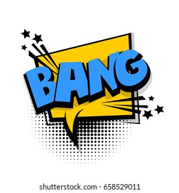 Lettering bang. comic book letters cartoon text dialog, colored cloud. Sale banner. Abstract creative hand drawn vector exclusive font bubble. Speech balloon on halftone dot background pop art style