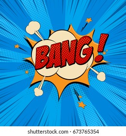 Lettering bang. Comic text sound effects pop art style bubble speech phrase cartoon expression sounds. Vector illustration on a blue background.