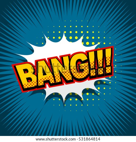 Lettering bang. Comic text sound effects pop art style vector bubble speech phrase cartoon expression sounds illustration blue background template
