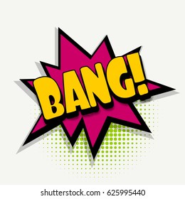 Lettering bang. Comics book halftone colored background balloon. Bubble icon speech phrase. Cartoon comic font label tag expression Comic text, letters sound effect dot back. Vector illustration