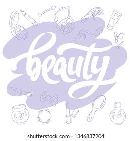 Lettering Beauty word on white background with elements of beauty and style