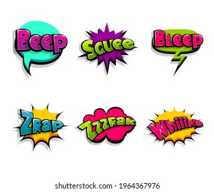 Lettering Beep, Zrap, Wow Noise. Comic Text Logo Sound Effects. Vector Bubble Icon Speech Phrase, Cartoon Font Label, Sounds Illustration. Comics Book Funny Text.