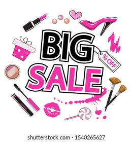 Lettering Big sale and female items. Lipstick, raspberry shoes, cosmetics and boxes with a gift on a white background