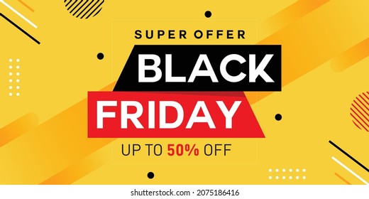 Lettering Black friday sale banner on yellow background. Black friday Sale with discount 50%. For art template design, brochure style, banner, flyer, book, blank, card, poster.