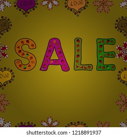 Lettering in black, orange and green colors. Sale banner template. Lettering. Vector illustration. Seamless pattern. Drawn art sign.