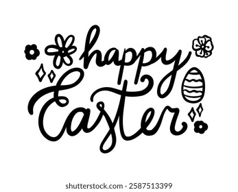 Lettering black silhouette happy easter with flowers, eggs. Hand drawn decorative text for different projects, easter vector illustration