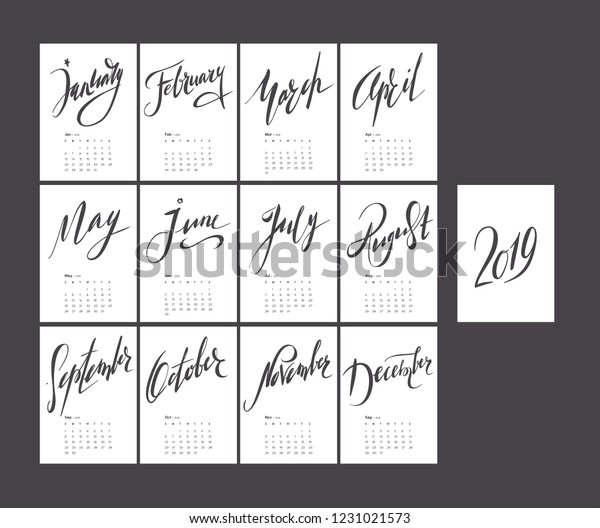 Lettering Black White Calendar 2019 Handwritten Stock Vector (Royalty