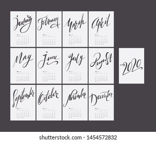 Lettering black and white calendar for 2020. Handwritten monochrome stylish simple calendar design. Set of 12 months. Week starts sunday. A4 format.