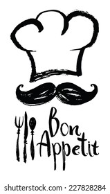 Lettering Bon Appetit Design card with chef hat and moustache