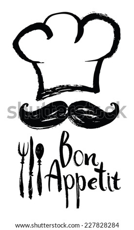 Lettering Bon Appetit Design card with chef hat and moustache