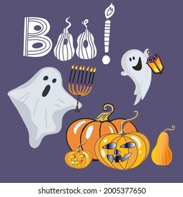 lettering boo, ghosts, pumpkins, menorah, happy halloween