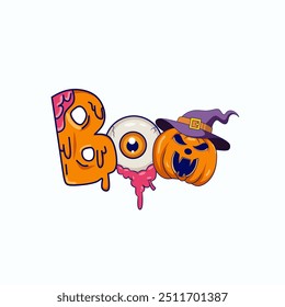 Lettering Boo Halloween. Boo with eyes and pumpkin Halloween. Boo Halloween for stickers, apparel, card, ETC. Element letter Boo. 