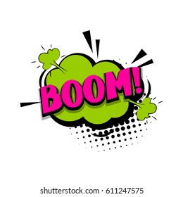 Lettering boom, bang. Comic book halftone background balloon. Bubble icon speech phrase. Cartoon exclusive font label tag expression. Comic text, font sound effect dot back. Sounds vector illustration