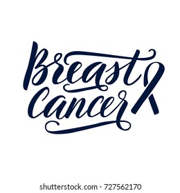 Lettering Breast Cancer and ribbon. Handwritten lettering. Isolated vector illustration on white background. Handwritten modern calligraphy. Inscription for notifications, posters, prints.