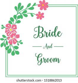 Lettering of bride and groom, with design pattern green leafy floral frame. Vector