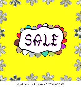 Lettering. Bright abstract background with text. Seamless. Original poster for discount. Vector. Pictures in gray, white and yellow colors. Best sale banner.