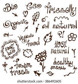 Lettering. Brown set of phrases and icons on environmental issues