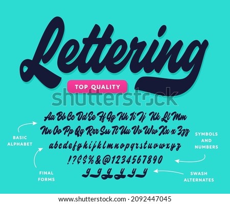 Lettering brush script alphabet. Calligraphic typeface with  alternative letter variants. Font with isolated symbols. Handwritten typography. Cursive inscription. Beautiful hand crafted written font