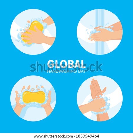 lettering with bundle of four global handwashing day set icons vector illustration design