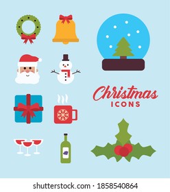 lettering and bundle of merry christmas flat style icons vector illustration design