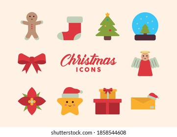 lettering and bundle of merry christmas flat style icons vector illustration design