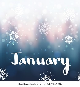 Lettering by brush at blue winter forest background with snowflakes and bokeh lights. Vector card design with custom calligraphy