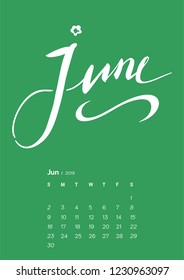 Lettering calendar for 2019. A4 format. One month. Summer. June