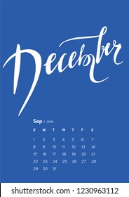 Lettering calendar for 2019. A4 format. One month. Winter. December