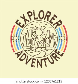 Lettering of California, sport and explore. Trees and rainbow on travel. Cactus and sun on stamp. Tropical adventure t shirt for other forest expedition. Vector illustration.