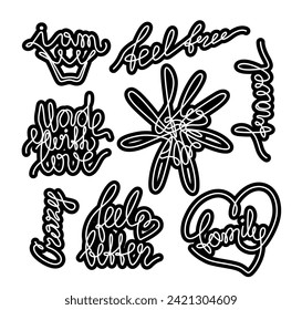 Lettering calligraphy brush text holiday stickers set, hand drawn motivation posters, continuous line drawing, print for clothes, t-shirt, emblem, logo design, handwritten inscription, isolated vector