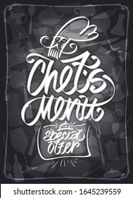 Lettering calligraphy Chef's menu card on a chalkboard, cook logo symbol and utensil backdrop, vector illustration