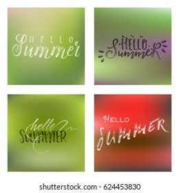 lettering and calligraphy halftone modern - Hello summer On a blurred gradient background . Sticker, stamp, logo - hand made
