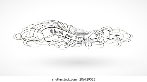 Lettering. Calligraphy on a white background. Curlicues and decorations. Ribbon with the inscription thank you.