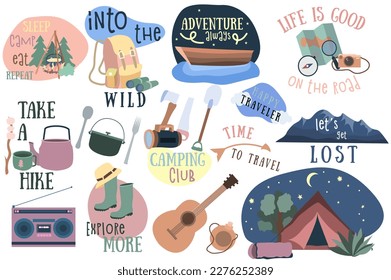 Lettering for camping, tourism, adventure concept with images in the flat cartoon style. Inscriptions and pictures that encourage people to go on hiking trips. Vector illustration.