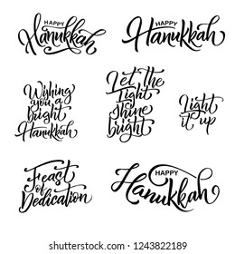 Lettering card with sketch elements. Happy Hanukkah poster. Hand drawn vector illustration.