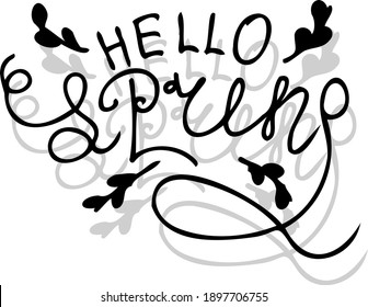 Leer la palabra de la tarjeta Hello Spring black en el fondo blanco aislado con sombra