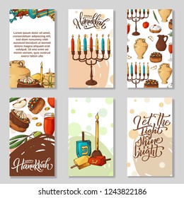 Lettering cards with sketch elements. Happy Hanukkah poster. Hand drawn vector illustration.