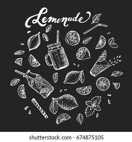 Lettering And Chalk Drawing Lemons Lemonade. Summer Drink. Sliced Citrus, Glass Bottle, Mug, Mason Jar, Mint Leaves, Juice Splash. Vector Set.