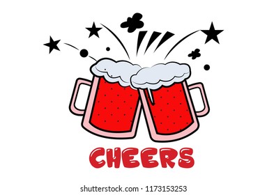 Lettering cheers text. Two foamy beer glass.  Vector illustration. Isolated on white background.